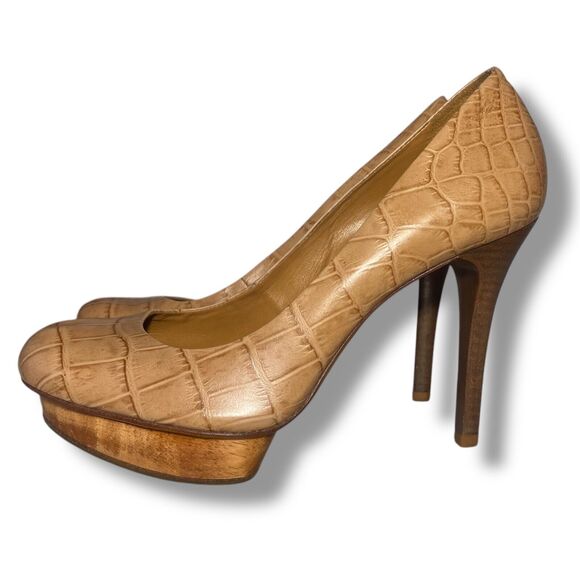 Tory Burch Women Tan Brown Croc Embossed Leather Platform Pumps Heels Size 8 M - Picture 8 of 16